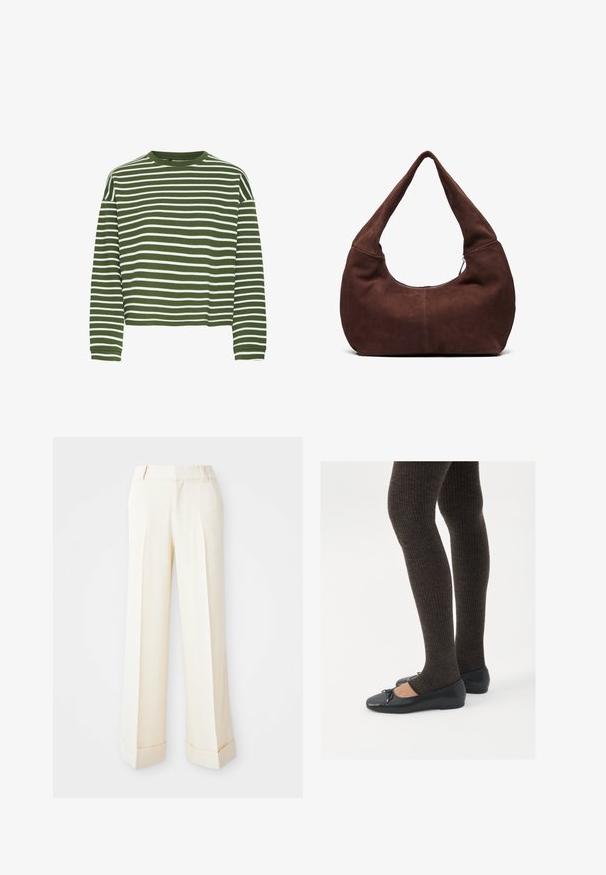Ruskea mokkanahkablazeri, jossa on klapikaulus, kaksi etutaskua ja yksittäinen nappisulkiminen. Pehmeä rakenne ja muotoiltu siluetti.; Vihreä ja valkoinen raitapaita, jossa on pitkät hihat, pyöreä kaula-auko ja suora leikkaus. Pehmeä, teksturoitu kangas, jossa on tasaisesti sijoitettuja vaakaraitoja.; Beige leveled trousers with a smooth texture, front pleats, and folded cuffs. Includes belt loops and a zip fly closure.; Mustat matalat kengät, joissa on pieni nauha varpaissa, yhdistettynä tummanruskeisiin ribattuisiin sukkahousuihin. Kengissä on sileä pinta ja matala profiili.; Ruskea mokkahobo-laukku, jossa on kaareva, leveä kahva ja suuri aukko. Pehmeä tekstuuri, jossa on näkyvää tikkausta reunoilla.