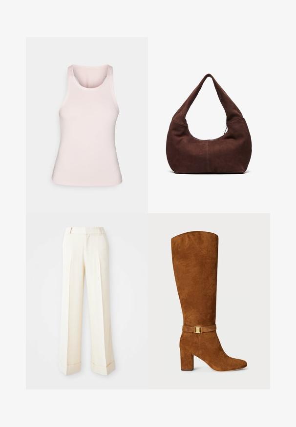Rjav zamšast blazer z izrezanim ovratnikom, dvema sprednjima žepoma in zapiranjem na en gumb. Mehka tekstura in krojen silhueta.; Svetlo roza športni top brez rukavov, izdelan iz gladkega in elastičnega materiala; ima okroglo izreza in obliko z dirkaško hrbtno stranjo, brez dodatnih vzorcev ali okrasnih elementov.; Bež hlače širokih nogavic z gladko teksturo, sprednjimi gubami in zavihanimi robovi. Imajo zanke za pas in zadrgo.; Rjavi semiš škornji do kolen s kvadratnim prstom, debelim petam in z detajlom z zlatim odtenkom na usnjeni zaponki, ki se ovija okoli gležnja.; Rjava semiš torba hobo z ukrivljenim, širokim ročajem in velikim odprtjem. Mehka tekstura z vidnimi šivi ob robovih.