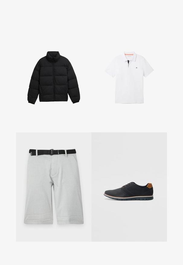 Zwarte pufferjack met een hoge kraag, ritssluiting aan de voorkant en een doorgestikte uitstraling. Heeft een losse pasvorm en elastische manchetten. Lichtgewicht materiaal.; Witte polo shirt met een zwarte kraag met oranje randen, korte mouwen en een klein logo op de borst. Gemaakt van een ademende katoenmix.; Lichtgrijze shorts van een gestructureerde stof, met een zwarte verstelbare riem en twee zijzakken, afgewerkt op de knie met een rechte snit.; Zwarte synthetische schoenen met een gestructureerde bovenkant, gladde accenten, bruine hak en een contrasterende zool. Bevat minimale veters en stikdetails.