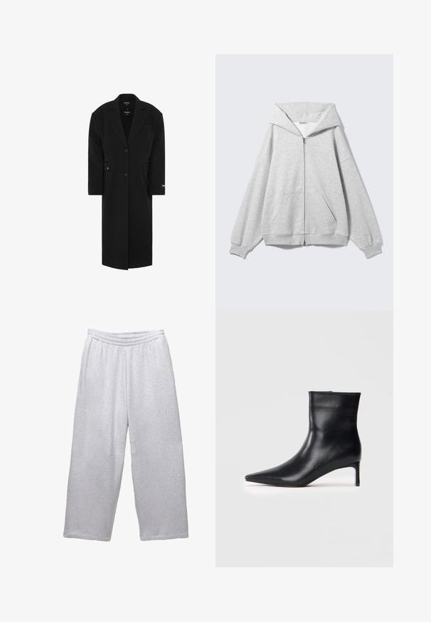 Černý oversized kabát s klopovými límci, zapínáním na jeden knoflík, předními kapsami a hladkým povrchem. Na rukávu se nachází značka.; Šedá mikina na zip s velkou kapucí, volným střihem, klokaní kapsou, žebrovanými manžetami a lemem. Vyrobena z měkké, texturované bavlněné látky.; Dvě pánská trička s kulatým výstřihem, jedno černé a jedno bílé. Vyrobené z měkké bavlny, s krátkými rukávy a jednoduchým, klasickým designem.; Světle šedé volné tepláky s elastickým pasem a prošívanými švy na bílém pozadí.; Černá kožená kotníková bota s špičatou špičkou, elegantním designem a štíhlým jehlovým podpatkem. Hladký povrch bez viditelných dekorací.