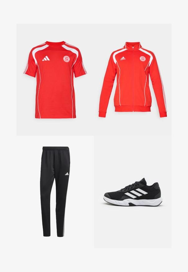 Punane tõmbluku jaotusega jakk valgete aktsentidega, pikad varrukad, kõrge krae ja FC Bayern Müncheni logo rinnal. Pehme tekstiilmaterjal.; Punane lühikeste varrukatega särk, mis on valmistatud kergest kangast, valgete detailidega, ümmarguse kaelusega ning FC Bayern Müncheni logo ees.; Mustad mustri värvi spordipüksid venitatava vööõhuga, valged külgtriibud ja väike valge logo reie peal. Valmistatud siledast, kergest materjalist.; Mustad mustosportlikud jalanõud, millel on tekstuuriga võrkpealne, valged aksenttriibud, pehme tallaga ja tugevdatud konts toe jaoks.