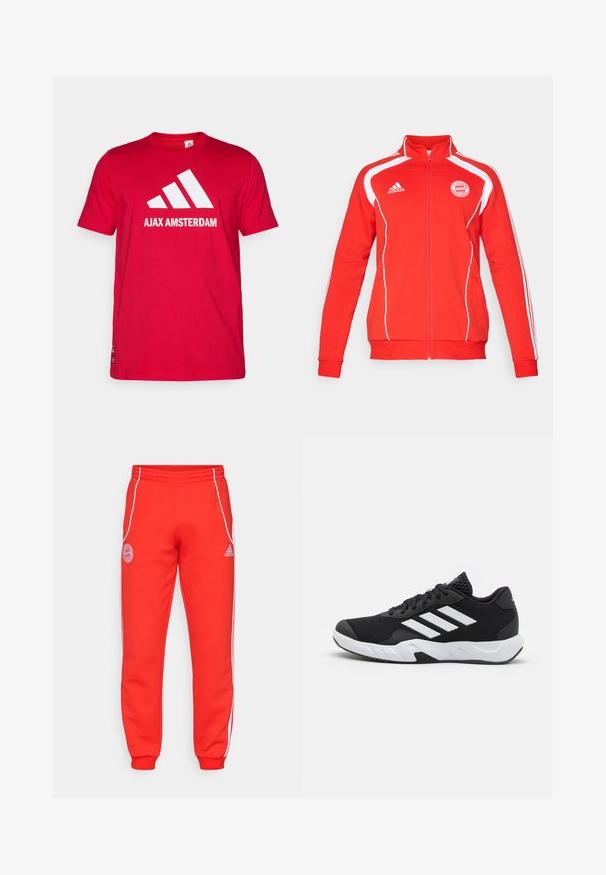 Roter Reißverschlussjacke mit weißen Akzenten, langärmlig, mit hohem Kragen und dem FC Bayern München-Logo auf der Brust. Aus weichem Textilmaterial.; Rotes Baumwoll-T-Shirt mit einem weißen Adidas-Logo und dem Schriftzug "AJAX AMSTERDAM". Kurze Ärmel, Rundhalsausschnitt, normale Passform.; Rote Jogginghose mit elastischem Bund, weißen Seitenstreifen und Logodetails an der Hüfte und am Unterschenkel. Hergestellt aus weichem Stoff mit gerippten Bündchen.; Schwarze Sportschuhe mit einem strukturierten Mesh-Obermaterial, weißen Akzentstreifen, einer gepolsterten Sohle und einer verstärkten Ferse für Unterstützung.