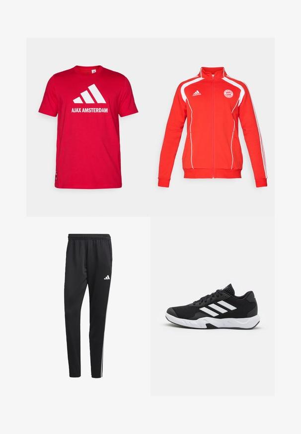 Red zip-up jacket with white accents, featuring long sleeves, a high collar, and the FC Bayern München logo on the chest. Soft textile material.; Red cotton T-shirt featuring a white Adidas logo and "AJAX AMSTERDAM" text. Short sleeves, crew neck, standard fit.; Black athletic pants with a stretchy waistband, white side stripes, and a small white logo on the thigh. Made from a smooth, lightweight material.; Black athletic shoes with a textured mesh upper, white accent stripes, a cushioned sole, and a reinforced heel for support.