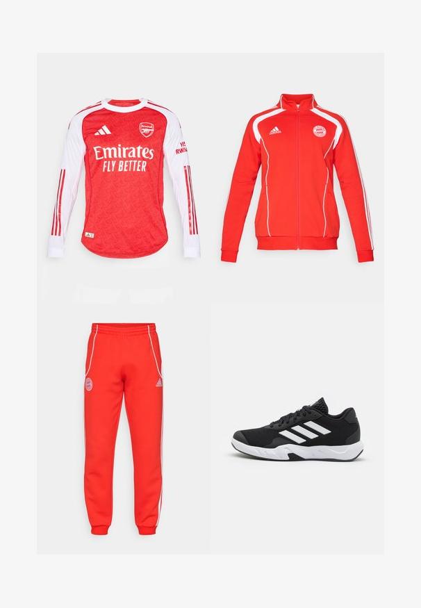Červená zapínací bunda s bílými akcenty, dlouhými rukávy, vysokým límcem a logem FC Bayern München na hrudi. Měkký textilní materiál.; Červený dlouhý rukáv dres s vzorovanou texturou, bílé rukávy a červené pruhy. Obsahuje logo Arsenalu a text "Emirates Fly Better".; Červené teplákové kalhoty s elastickým pasem, bílými bočními pruhy a logem na bocích a dolní části nohou. Vyrobeny z měkké tkaniny s žebrovanými manžetami.; Černé sportovní boty s texturovaným síťovaným svrškem, bílými akcentními pruhy, polstrovanou podrážkou a vyztuženým patem pro podporu.
