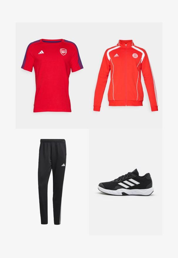 Red zip-up jacket with white accents, featuring long sleeves, a high collar, and the FC Bayern München logo on the chest. Soft textile material.; Red short-sleeve T-shirt made of cotton fabric, featuring a round neckline, blue shoulder stripes, and an Arsenal logo on the chest.; Black athletic pants with a stretchy waistband, white side stripes, and a small white logo on the thigh. Made from a smooth, lightweight material.; Black athletic shoes with a textured mesh upper, white accent stripes, a cushioned sole, and a reinforced heel for support.