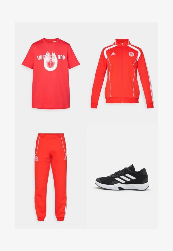 Roter Reißverschlussjacke mit weißen Akzenten, langärmlig, mit hohem Kragen und dem FC Bayern München-Logo auf der Brust. Aus weichem Textilmaterial.; Rotes Baumwoll-T-Shirt mit dem Schriftzug "SCHWEIZ" in weißer Schrift, ausgestattet mit einem kreisförmigen grafischen Design, das das Schweizer Logo integriert. Kurze Ärmel.; Rote Jogginghose mit elastischem Bund, weißen Seitenstreifen und Logodetails an der Hüfte und am Unterschenkel. Hergestellt aus weichem Stoff mit gerippten Bündchen.; Schwarze Sportschuhe mit einem strukturierten Mesh-Obermaterial, weißen Akzentstreifen, einer gepolsterten Sohle und einer verstärkten Ferse für Unterstützung.