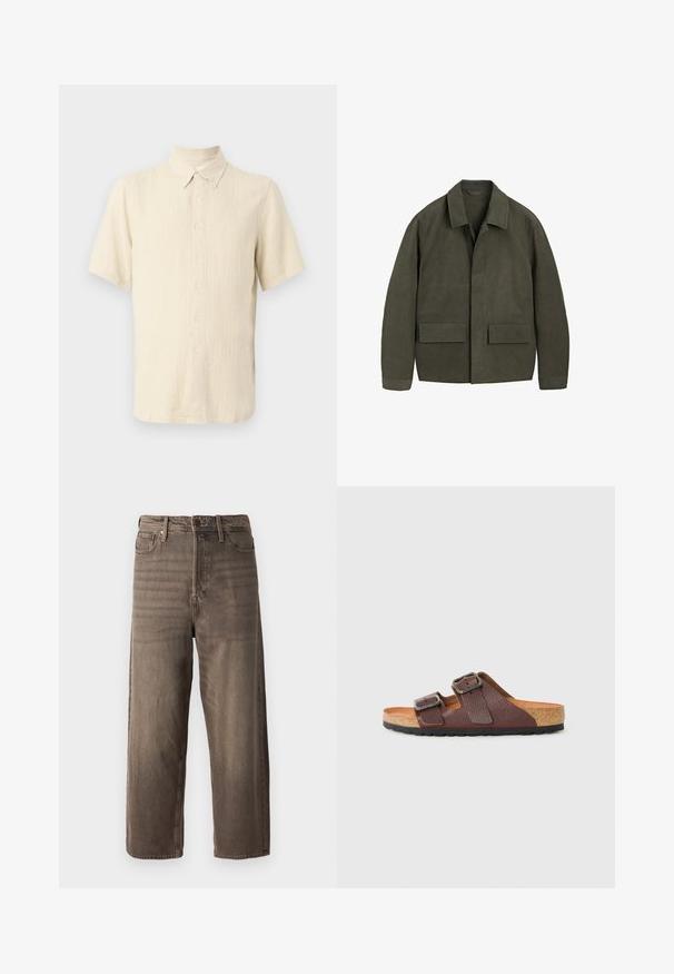 Grøn bomuldsjakke med krave, frontlommer med klap og en afslappet pasform. Har et minimalistisk design og en glat tekstur.; Lys beige kortærmet skjorte lavet af tekstureret stof, med en knop-ned krave og lodret ribbet mønster med frontknapper.; Brune vide ben jeans lavet af denim. Har en lynlås, bæltesløjfer og fem lommer. Stoffet har et falmet, tekstureret udseende.; Brun lædersandal med to justerbare spænder, korksål, blød tan indersål og sort gummisål, vist i sideprofil.