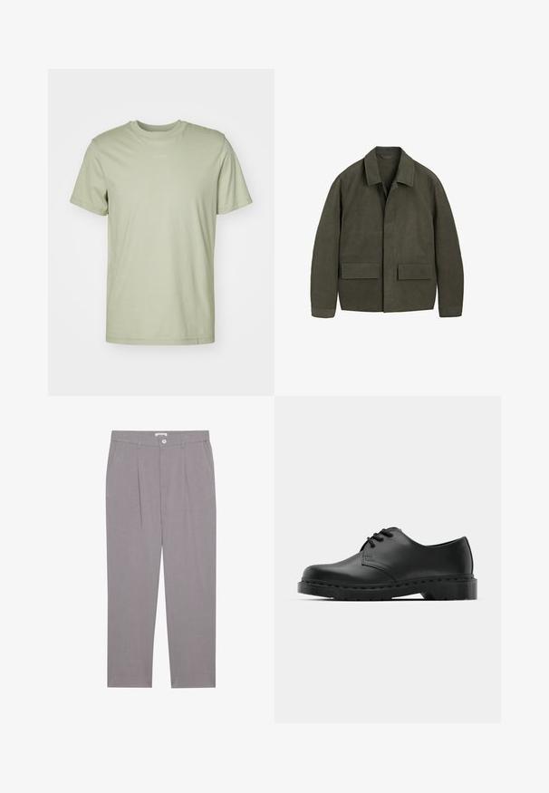 Grüne Baumwolljacke mit Kragen, Frontklappentaschen und lässiger Passform. Besitzt ein minimalistische Design und eine glatte Textur.; Helles grünes Baumwoll-T-Shirt mit rundem Crew-Halsausschnitt, kurzen Ärmeln und einem dezenten Markenlogo auf der Brustmitte.; Graue maßgeschneiderte Hosen mit geradem Schnitt, ausgestattet mit zwei vorderen Taschen, Falten und einem Knopfverschluss. Hergestellt aus leichtem Material.; Schwarze Leder-Oxford-Schuhe mit Schnürdesign, runder Zehenform, flacher Gummisohle und subtilen Nähten entlang des oberen Teils.