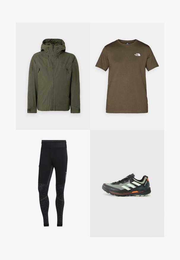 Olíva zöld vízálló dzseki kapucnival, elülső cipzárral és cipzáras zsebekkel. Állítható mandzsettákkal és sima, matt felülettel rendelkezik.; Olíva zöld pamut póló rövid ujjakkal, kerek nyakrésszel és fehér logóval a bal mellen. Sima anyagú, normál szabású.; Fekete sport leggings sima textúrával, mintás alsó résszel, széles derékkal és fényvisszaverő logóval az oldalon.; Könnyű terepfutó cipő szürke és fekete hálós felsőrésszel, narancssárga elemekkel és barázdált talppal a tapadásért. Vízálló Gore-Tex bélés.