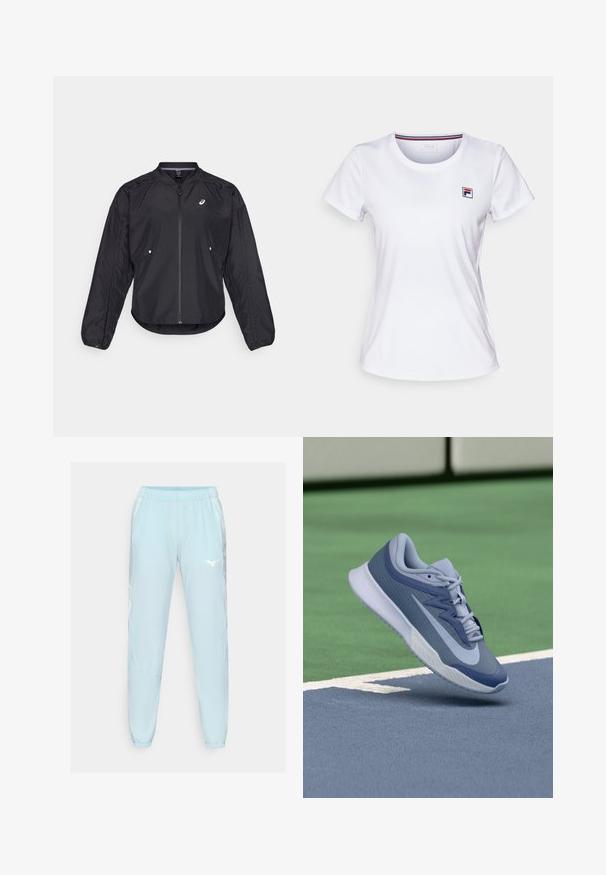 Black lightweight jacket with a zip front, round neck, long sleeves, and subtle texture. Features side pockets and a logo on the chest.; White short-sleeve T-shirt made of lightweight fabric. Features a round neck and a small colored logo on the left chest. Simple design.; Light blue athletic pants made of smooth fabric, featuring an elastic waistband, tapered legs, and a white logo on the left thigh.; Sport sneaker in light blue and navy, featuring a textured upper, flat laces, and a lightweight white sole. Elevated above a court surface.