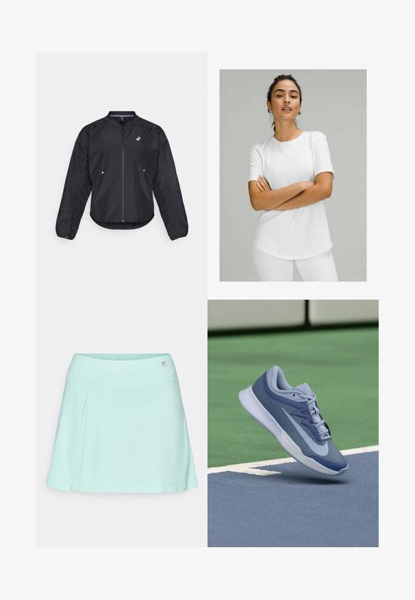 Fekete, könnyű dzseki cipzárral, kerek nyakkal, hosszú ujjakkal és Diszkrét textúrával. Oldalsó zsebekkel és logóval a mellkasán.; Fehér, rövid ujjú póló sima anyagból, kerek nyakkivágással és ívelt alsó résszel. Fehér alsóval viselve.; Menta zöld szoknya-nadrág, puha anyagból, formázott derékpánttal és pliszézett dizájnnal. Diszkrét logó részlet található a derékon.; Könnyű kék és sötétkék sportrüszke, textúrált felsőrésszel, lapos fűzőkkel és könnyű fehér talppal. Emelt pozícióban egy pálya fölött.