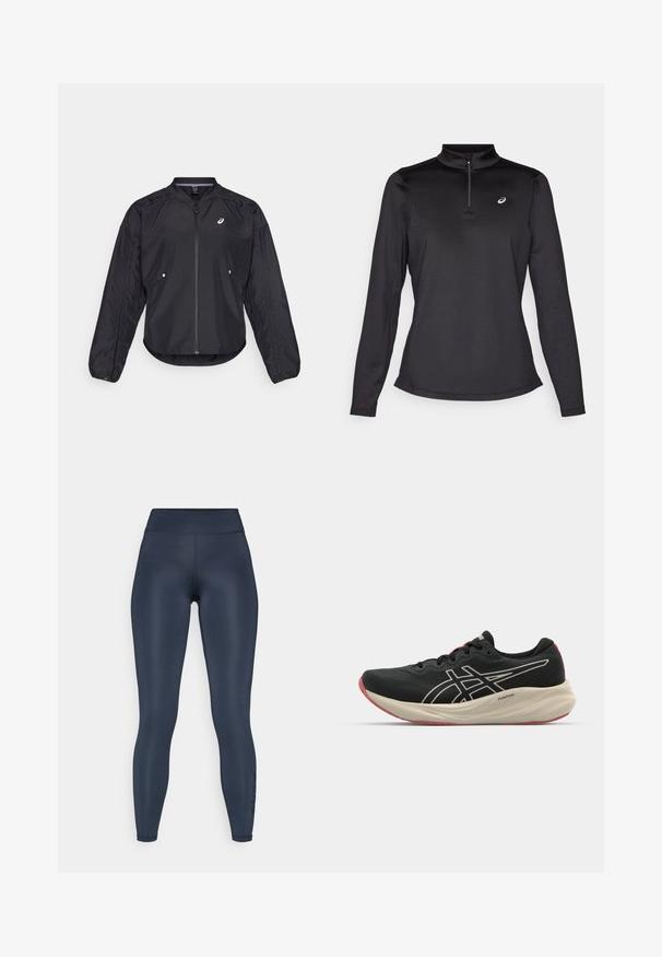 Svart lättviktsjacka med dragkedja framtill, rund hals, långa ärmar och subtil textur. Har sidofickor och en logotyp på bröstet.; ASICS CORE 1/2 ZIP WINTER TOP - Långärmad tröja - performance black; Marinblå leggings i stretchigt material, med hög midja och slät yta. Sidoprint framhäver underbenet.; Svart löparsko med övre i mesh och vita detaljer. Har en dämpad mellansula och röd detalj på yttersulan. Lättviktig design.