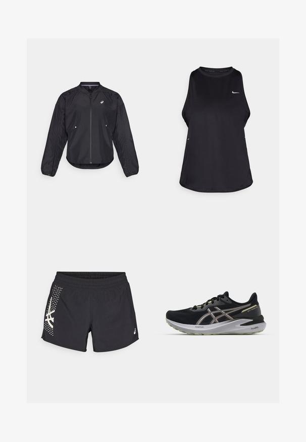 Fekete, könnyű dzseki cipzárral, kerek nyakkal, hosszú ujjakkal és Diszkrét textúrával. Oldalsó zsebekkel és logóval a mellkasán.; Fekete ujjatlan futó trikó, könnyű anyagból készült, kerek nyakkal; diszkrét logóval és oldalsó hasítékokkal a légáteresztés érdekében.; Fekete sportnadrág elasztikus derekkal és logóval. Az oldalán fehér részletekkel és pöttyös mintával rendelkező dizájn található.; Fekete futócipő hálós felsőrésszel, reflektáló részletekkel és fehér középtalppal. Texturált gumi talp a tapadás érdekében, könnyű kialakítás.