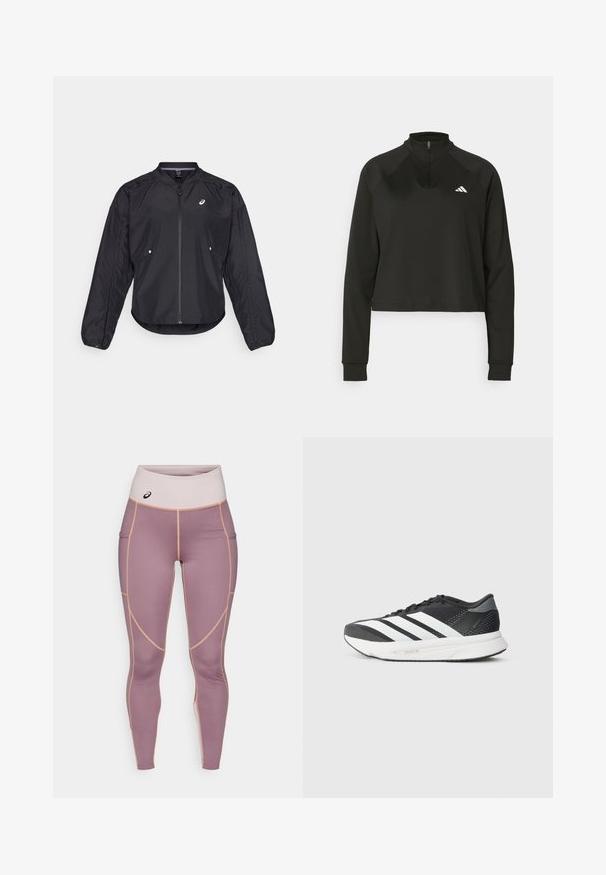 Černá lehká bunda se zipem vpředu, kulatým výstřihem, dlouhými rukávy a jemnou strukturou. Má boční kapsy a logo na hrudi.; Černý pulovr na čtvrt zip vyrobený z hladkého materiálu, s dlouhými rukávy, vysokým límcem a bílým logem na levé hrudi.; Legíny vyrobené z hladké, elastické látky ve světle fialové barvě s béžovými akcenty. Mají vysoký pas a boční kapsy.; Černá sportovní obuv s bílými pruhy, síťovaným svrškem, polstrovanou podrážkou a elegantním designem. Akcenty šedé barvy na patě a jazyku.