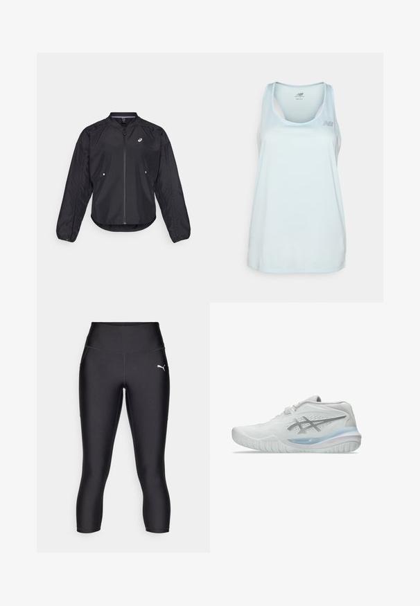 Zwarte lichtgewicht jack met een rits aan de voorkant, ronde hals, lange mouwen en subtiele textuur. Heeft zijzakken en een logo op de borst.; New Balance SPORT ESSENTIALS TANK - Top - frosted glass; Zwarte sportleggingen van rekbaar materiaal, met een hoge taille, een aansluitend ontwerp en een subtiele witte logo aan de zijkant.; Witte sport schoenen met een gestructureerde bovenkant, voorzien van een doorzichtige blauwe zool en subtiele grijze branding aan de zijkant. Ronde neus en een lage profiel.