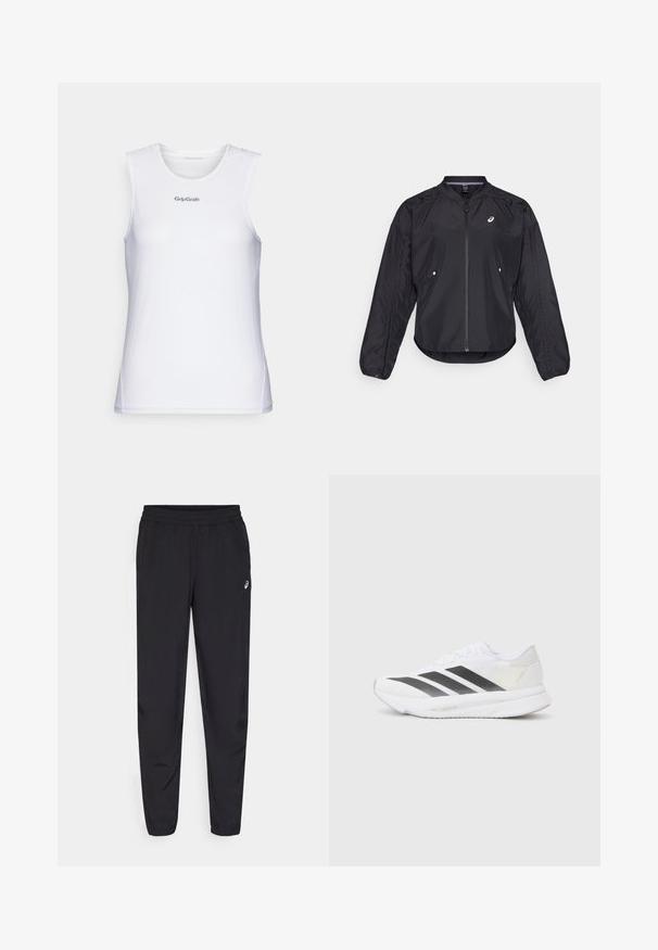 Juodas lengvas džemperis su užtrauktuku priekyje, apskrito kaklo, ilgomis rankovėmis ir subtilia tekstūra. Yra šoninės kišenės ir logotipas ant krūtinės.; Balta beždžionių rankovių sportinė marškinė su tekstūruotu tinklinio dizainu. Turi apvalų iškirpimą ir pilką "GripGrab" logotipą per krūtinę.; Juodos sportinės kelnės su elastingu juosmeniu, siaurėjančiomis kojomis su gumytėmis, pagamintos iš lengvo, glotnaus audinio, su maža logo ant šlaunies.; Baltos sportinės bateliai su juodomis įstrižainėmis, tinklinė viršutinė dalis, apvalus pirštas ir tekstūruotas padas. Priedai apima sidabrinį kulną ir minimalistinį dizainą.