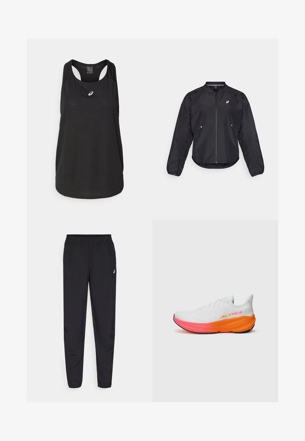 Zwarte lichtgewicht jack met een rits aan de voorkant, ronde hals, lange mouwen en subtiele textuur. Heeft zijzakken en een logo op de borst.; Zwarte sportieve tanktop van lichtgewicht stof. Heeft een ronde halslijn, racerback ontwerp en een klein wit logo op de voorkant.; Zwarte sportbroek met een elastische tailleband, taps toelopende pijpen met boorden, gemaakt van een lichtgewicht, soepele stof, en een klein logo op de dij.; Witte sportieve schoen met een gestructureerde bovenkant, voorzien van een kleurrijke gradiëntzool in oranje en roze, en een prominent logo aan de zijkant.