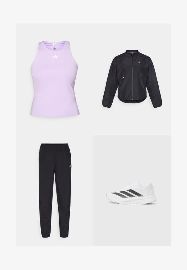 Zwarte lichtgewicht jack met een rits aan de voorkant, ronde hals, lange mouwen en subtiele textuur. Heeft zijzakken en een logo op de borst.; Lilac sporttop van gladde stof met een aansluitend ontwerp, voorzien van een ronde hals en een wit Adidas-logo op de borst.; Zwarte sportbroek met een elastische tailleband, taps toelopende pijpen met boorden, gemaakt van een lichtgewicht, soepele stof, en een klein logo op de dij.; Witte sportschoen met zwarte diagonale strepen, bovenwerk van gaas, ronde neus en gestructureerde zool. Accenten zijn onder andere een zilveren hak en een minimalistisch ontwerp.