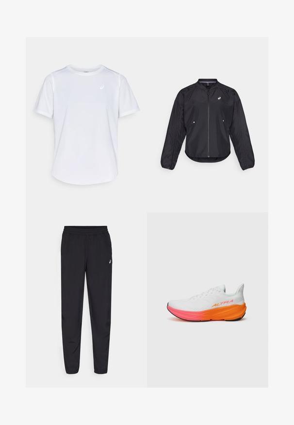 Fekete, könnyű dzseki cipzárral, kerek nyakkal, hosszú ujjakkal és Diszkrét textúrával. Oldalsó zsebekkel és logóval a mellkasán.; Fehér sportpóló, rövid ujjú, kerek nyakkivágású, nedvesség-elvezető anyagból készült, apró logóval a mellrészen, könnyű textúrával.; Fekete sportnadrág rugalmas derékkal, keskenyedő lábszárral és összehúzással, könnyű, sima anyagból készült, kis logóval a combon.; Fehér sportcipő texturált felsőrésszel, színes, narancs és rózsaszín árnyalatú talppal, valamint egy kiemelkedő logóval az oldalán.