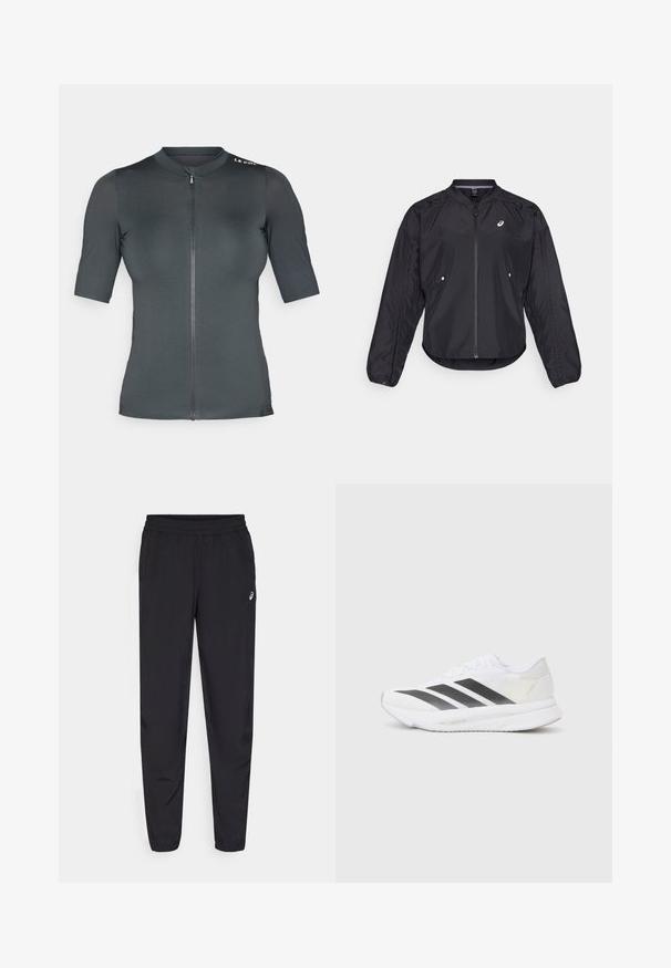 Musta kerge jope, millel on lukuga esikülg, ümar kaelus, pikad varrukad ja peen tekstuur. Sisele on küljetaskud ja rinnal logo.; Lühikese varrukaga jalgrattapusa tumehallis värvuses. Omab esist tõmblukk ja tekstuurset kangast, ümarat kraed ning logo aktsenti õlal.; Mustad mustrisokid, millel on elastne vöökoht, kitsenevad sääred, millel on soonikud, valmistatud kerge, siledast materjalist ning väike logo reie peal.; Valged sportlikud jalanõud mustade diagonaalsete triipudega, võrkkattega, ümarate varvastega ja tekstuurse tallaga. Aktsentideks on hõbedane kand ja minimalistlik disain.