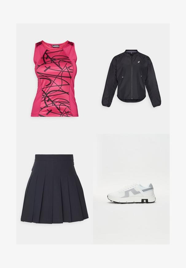 Black lightweight jacket with a zip front, round neck, long sleeves, and subtle texture. Features side pockets and a logo on the chest.; Fitted pink athletic tank top featuring a black abstract design, smooth texture, and contrasting shoulder accents.; J.LINDEBERG Sports ADINA GOLF SKIRT - Sports skirt - navy; White athletic sneaker with grey accents, a textured upper, thick sole, and contrasting black heel detail. Lace-up design with mesh panels.