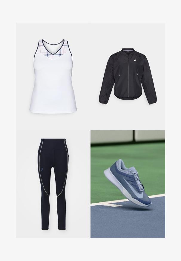 Svart lett jakke med glidelås foran, rund hals, lange ermer og subtil tekstur. Har sidelommer og logo på brystet.; Hvit atletisk tanktop med v-hals og rutete mønster i marineblått og rødt på den øverste delen. Glatt, lett stoff.; Navy høyt liv leggings laget av elastisk stoff, med grønne søm detaljer og Asics-logo på venstre side.; Sportssko i lyseblå og marineblå, med en teksturert overdel, flate lisser og en lett hvit såle. Hevet over en baneflate.