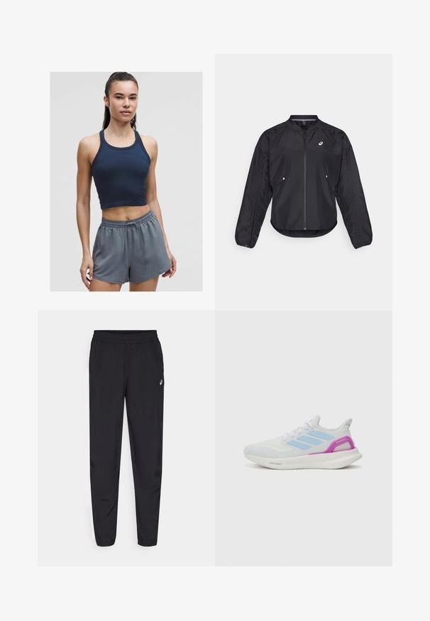 Črna lahka jakna z zadrgo spredaj, okroglim vratom, dolgimi rokavi in subtilno teksturo. Ima stranske žepe in logotip na prsih.; Temno modra žametna športna kratka majica s tankimi naramnicami, ki jo dopolnjujejo svetlo sivi elastični šorts z raztegnjenim krojem in vrvico.; Črne športne hlače z elastičnim pasom, zoženimi nogavicami z manšetami, izdelane iz lahkotnega, gladkega materiala, z majhnim logotipom na stegnu.; adidas Performance PUREBOOST 5 - Tekaški copati za cesto - white/glow blue/purple burst