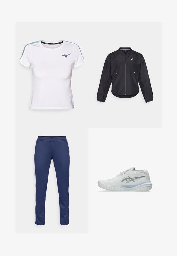 Černá lehká bunda se zipem vpředu, kulatým výstřihem, dlouhými rukávy a jemnou strukturou. Má boční kapsy a logo na hrudi.; Bílý sportovní tričko s přiléhavým střihem, krátkými rukávy, kontrastními modrými ramenními akcenty a černým páskem s názvem značky.; Námořnické sportovní kalhoty vyrobené z hladkého materiálu, s tapered designem, elastickým pasem a bílými bočními pruhy. Obsahují dvě kapsy.; Bílé sportovní boty s texturovaným svrškem, vybavené průhlednou modrou podrážkou a decentním šedým logem po straně. Zaoblená špička a nízký profil.