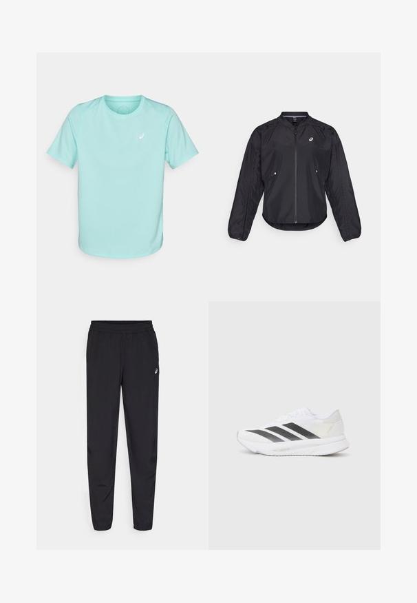 Black lightweight jacket with a zip front, round neck, long sleeves, and subtle texture. Features side pockets and a logo on the chest.; Light blue short-sleeve athletic t-shirt made from moisture-wicking fabric, featuring a small white logo on the chest and crew neckline.; Black sports pants featuring an elastic waistband, tapered legs with cuffs, made of a lightweight, smooth material, and a small logo on the thigh.; White athletic shoe with black diagonal stripes, mesh upper, rounded toe, and textured sole. Accents include a silver heel and minimalistic design.