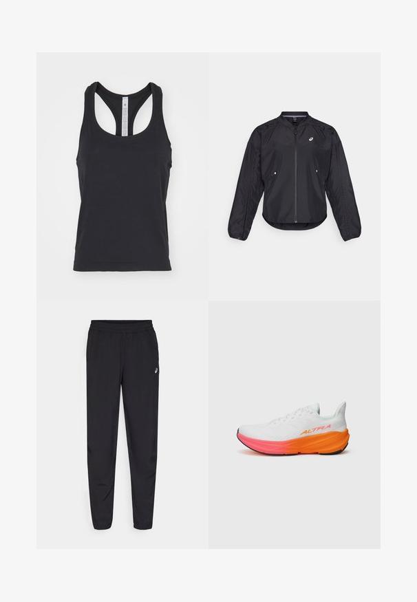 Zwarte lichtgewicht jack met een rits aan de voorkant, ronde hals, lange mouwen en subtiele textuur. Heeft zijzakken en een logo op de borst.; lululemon SWIFTLY TECH RACERBACK TANK - Top - black black; Zwarte sportbroek met een elastische tailleband, taps toelopende pijpen met boorden, gemaakt van een lichtgewicht, soepele stof, en een klein logo op de dij.; Witte sportieve schoen met een gestructureerde bovenkant, voorzien van een kleurrijke gradiëntzool in oranje en roze, en een prominent logo aan de zijkant.