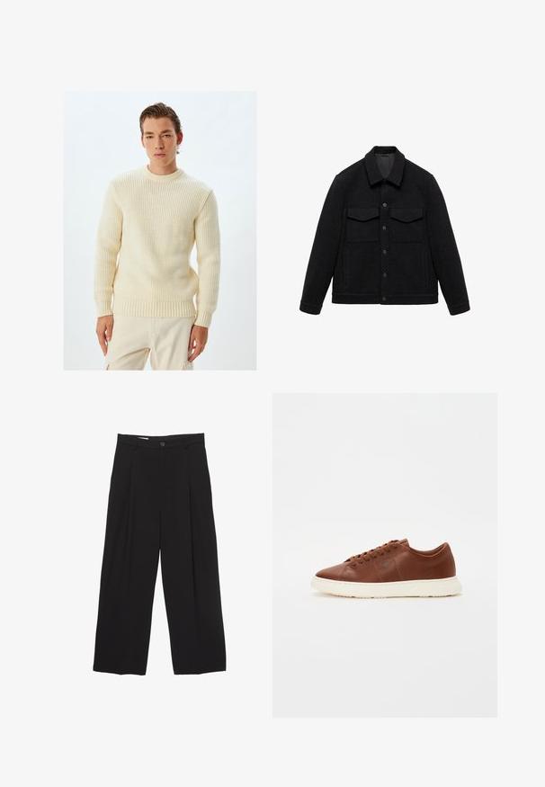 Black jacket made of wool blend with a collared neckline, two chest pockets, and button closure. Features a textured finish and solid color.; Cream-colored knit sweater with a ribbed texture, round neckline, and fitted cuffs. Worn over light beige pants. Simple design, no patterns.; Black wide-leg trousers made from smooth fabric, featuring a flat waistband, front pleats, and a single button closure.; Brown leather sneakers with a white rubber outsole, featuring shoelaces and a simple, smooth design. Subtle embossed logo detail on the side.