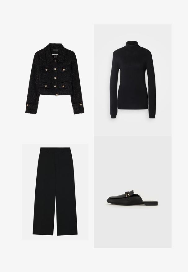 Anna Field Ljetna jakna - black; Crni jumper s visokim ovratnikom napravljen od mekane pletene tkanine, s dugim rukavima i prilagođenim siluetom, ribanim ovratnikom i rubom.; Široke crne hlače izrađene od glatkog materijala. Imaju ravni pojas s peteljkama za remen i bez vidljivih džepova. Jednostavan dizajn.; Crne slip-on cipele izrađene od glatke kože. Imaju okrugli vrh, dekorativnu tkanu traku i mali zlatni detalj. Ravni đon.