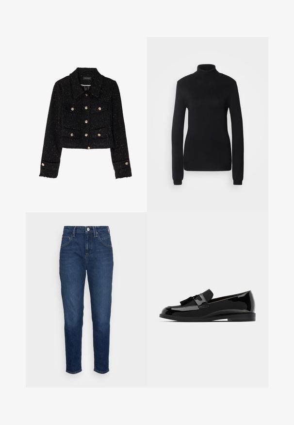 Anna Field Casaco de verão - black; Suéter de gola alta preto feito de um tecido de malha suave, com mangas longas e uma silhueta ajustada, apresentando um colarinho e bainha canelados.; Marc O'Polo DENIM FREJA - Calças de ganga de corte relaxado - vintage dark blue; Mocassins pretos em couro verniz com salto baixo, apresentando um detalhe em franja e superfície lisa, desenhados com um bico arredondado e costura subtil.