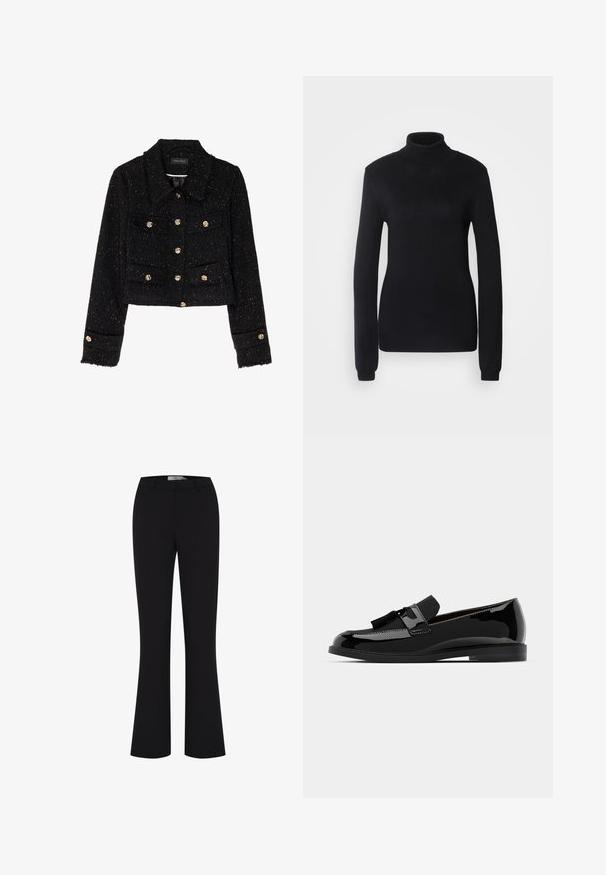 Anna Field Chaqueta fina - black; Suéter de cuello alto negro hecho de una suave tela de punto, con mangas largas y un corte ajustado, con un cuello y dobladillo de canalé.; Pantalones de campana negros hechos de una tela suave, con una cinturilla ajustada y un diseño frontal limpio sin bolsillos.; Mocasines de charol negro con tacón plano, con un acento de borlas y superficie lisa, diseñados con una puntera redondeada y costuras sutiles.