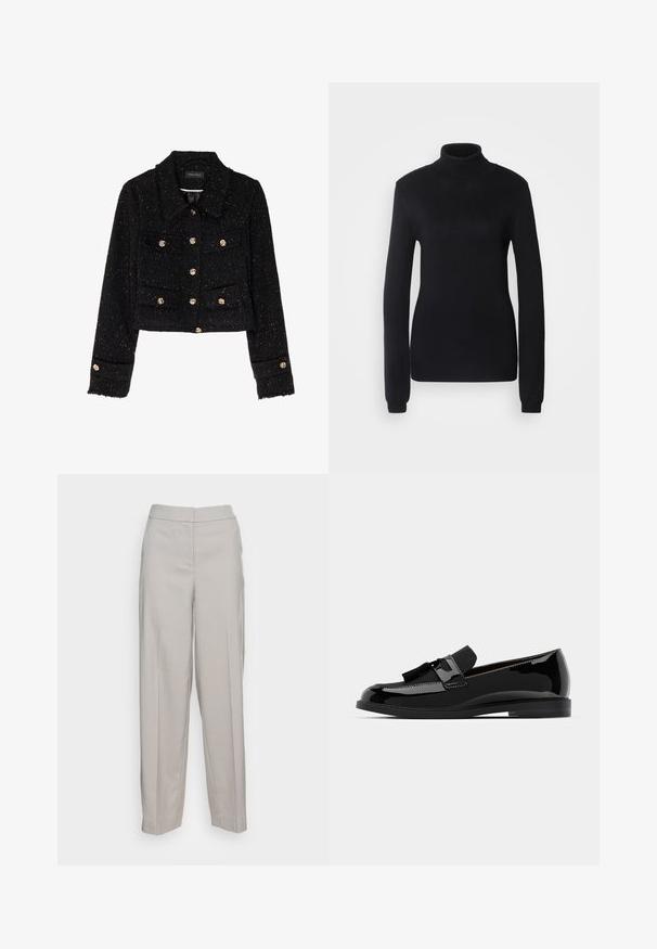 Anna Field Casaco de verão - black; Suéter de gola alta preto feito de um tecido de malha suave, com mangas longas e uma silhueta ajustada, apresentando um colarinho e bainha canelados.; Saint Tropez KALA PANTS - Calças - driftwood; Mocassins pretos em couro verniz com salto baixo, apresentando um detalhe em franja e superfície lisa, desenhados com um bico arredondado e costura subtil.