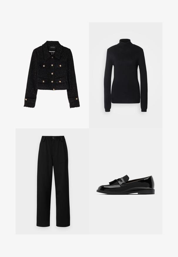 Anna Field Suvejakk - black; Musta kõrge kaelusega kampsun, valmistatud pehmest kudumkangast, millel on pikad varrukad ja limineeritud siluett ribaga krae ja allserva ääristusega.; Musta laienevatele pükstele, millel on tekstuuriga vöökoht, esine nööp sulgemisega ja kaks küljetaskut. Sile kangas ja kohandatud disain.; Mustmust nahkloafrid, millel on lame kont, ehted frantsiisi ja sile pind, ümmarguse varba ja peene õmblusega.