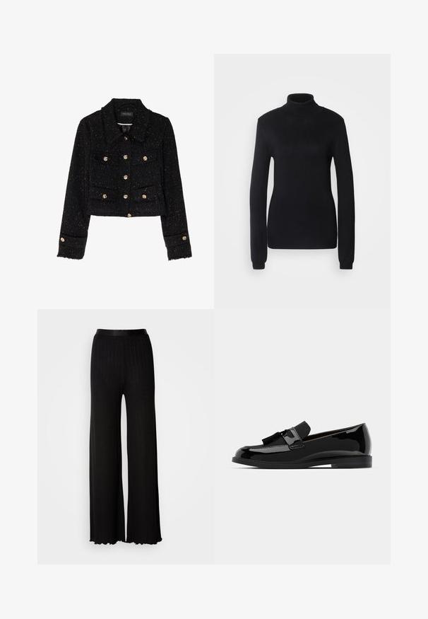 Anna Field Giacca leggera - black; Pullover nero con collo alto realizzato in un morbido tessuto a maglia, caratterizzato da maniche lunghe e una silhouette aderente con collo e orlo a costine.; Pantaloni neri a gamba larga con una vita liscia, caratterizzati da sottili rigature verticali e orli smerlati per un tocco di texture e dettaglio in più.; Mocassini in vernice nera con tacco piatto, caratterizzati da una nappa decorativa e una superficie liscia, progettati con punta rotonda e cuciture sottili.