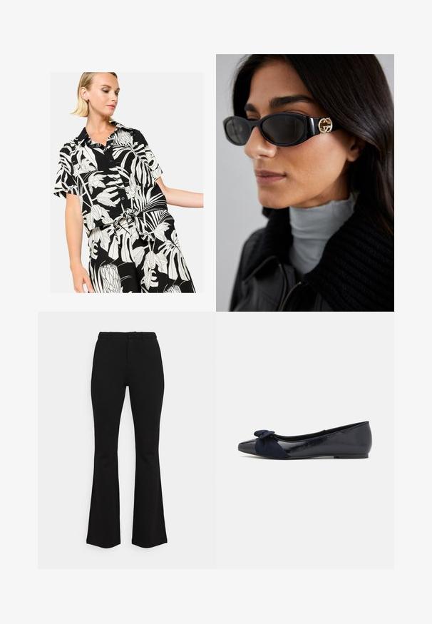 Anna Field Poletna jakna - black; LolaLiza WITH TROPICAL PRINT - Bluza z gumbi - black; Črne široke hlače iz raztegljive tkanine. Imajo oprijet pas, raven sprednji del in subtilne šivane detajle. Na splošno gladka tekstura.; Mornarsko modri baletni čeveljci z sijajno lakasto površino in teksturirano semiš pentljo na prstu, z zaobljenim prstom in ravnim podplatom.; Črne sončne očala z elegantnim pravokotnim okvirjem in zlatim logotipom na strani. Temna stekla in sijajna površina sta izrazita.; Črna torba za rame, izdelana iz gladkega materiala, s poševno obliko, zlatim zadrgo in zlatim embossiranim logotipom na sprednji strani.