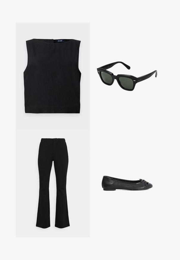 Anna Field Leichte Jacke - black; Schwarzes ärmelloses Top mit weitem Ausschnitt und geradem Schnitt. Aus glattem Stoff gefertigt, mit einem Rückenverschluss und minimalistischem Design.; Schwarze, weit geschnittene Hosen aus dehnbarem Material. Mit figurbetontem Taillenbund, flacher Vorderseite und subtilen Nahtdetails. Insgesamt glatte Textur.; Schwarze Leder-Ballettschuhe mit abgerundetem Zehenbereich, Schleifendetail und glänzendem Lackfinish. Verfügt über eine niedrige, flache Sohle für Komfort.; Schwarze quadratische Sonnenbrillen mit dunkelgrünen Gläsern, ausgestattet mit markanten Rahmen und silbernen Akzenten an den Seiten. Hergestellt in Italien.; Rabanne Handtasche - black/silver; Goldfarbener Ring mit einem Perlenmuster, das gleichmäßig verteilte, runde Perlen mit einer glänzenden, reflektierenden Oberfläche zeigt.