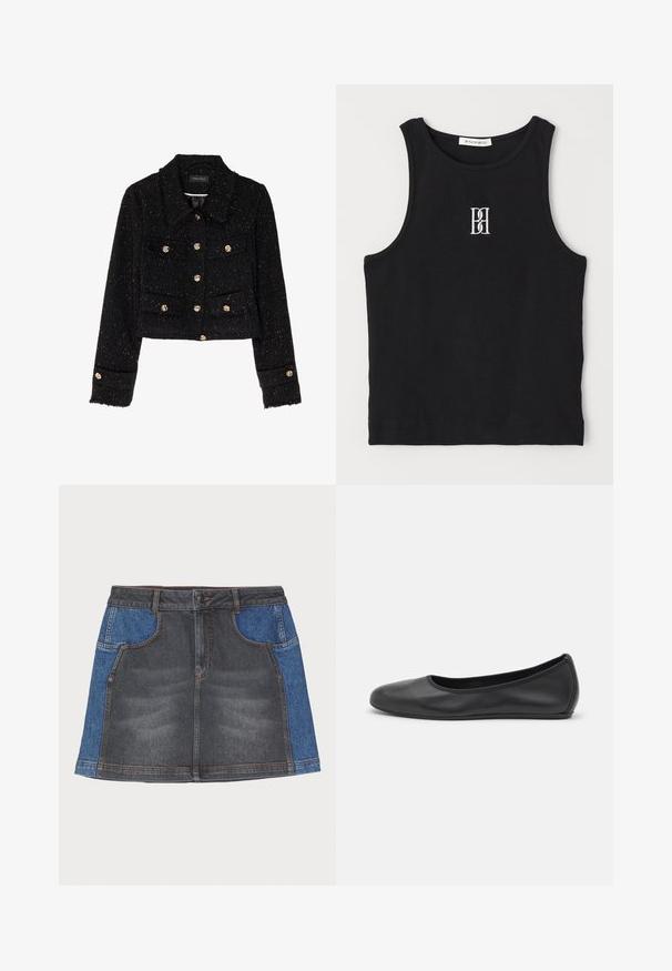 Anna Field Lichte jas - black; Zwarte geribbelde tanktop met een ronde halslijn en een geborduurd logo in het wit. De stof heeft een gladde textuur met een aansluitende pasvorm.; Jeansrok met een donkergrijze voorkant en lichtblauwe zijpanelen, voorzien van een normale tailleband, twee voorzakken en contrasterende stiksels.; Zwarte leren ballerina met een ronde neus, gladde textuur, minimale stikdetails en een flexibele zoolontwerp.