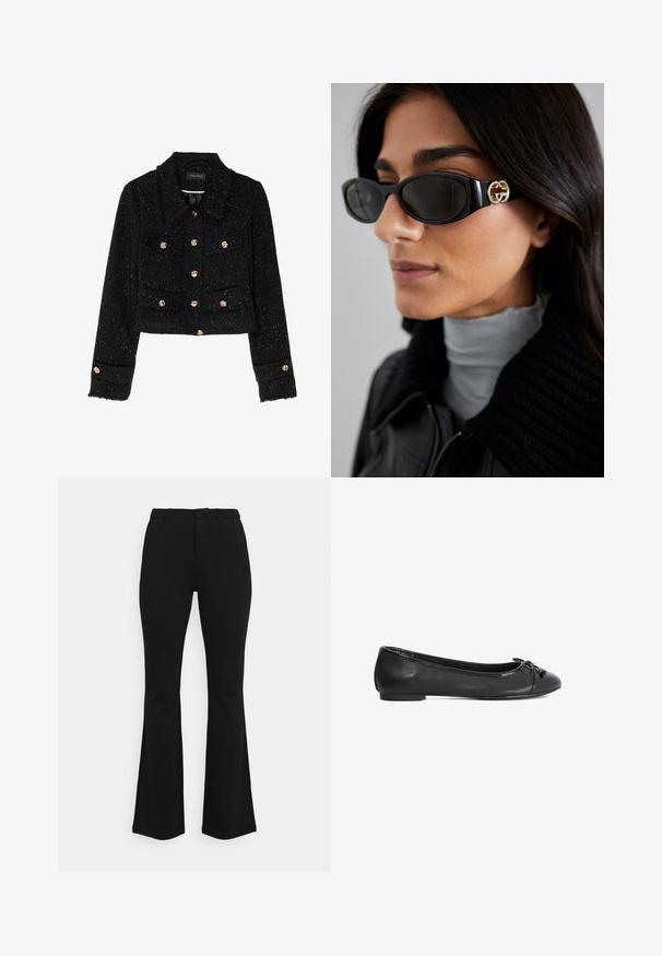 Anna Field Lichte jas - black; Zwarte mouwloze top van ribstof, met een ronde halslijn en een getailleerde pasvorm, voorzien van een gladde textuur en een nette zoom.; Zwarte flare-broeken van rekbare stof. Heeft een aansluitende taille, een vlakke voorkant en subtiele naaddetails. Over het algemeen een gladde textuur.; Zwarte leren balletschoenen met een ronde neus, strikdetail en glanzende lakafwerking. Heeft een lage, platte zool voor comfort.; Zwarte zonnebril met een stijlvolle rechthoekige montuur en een gouden logo-accent aan de zijkant. Donkere lenzen en een glanzende afwerking zijn opvallend.; Rabanne Handtas - black/silver; Gouden ring met een parelontwerp, met gelijkmatig verdeelde, ronde kralen met een glanzend, reflecterend oppervlak.