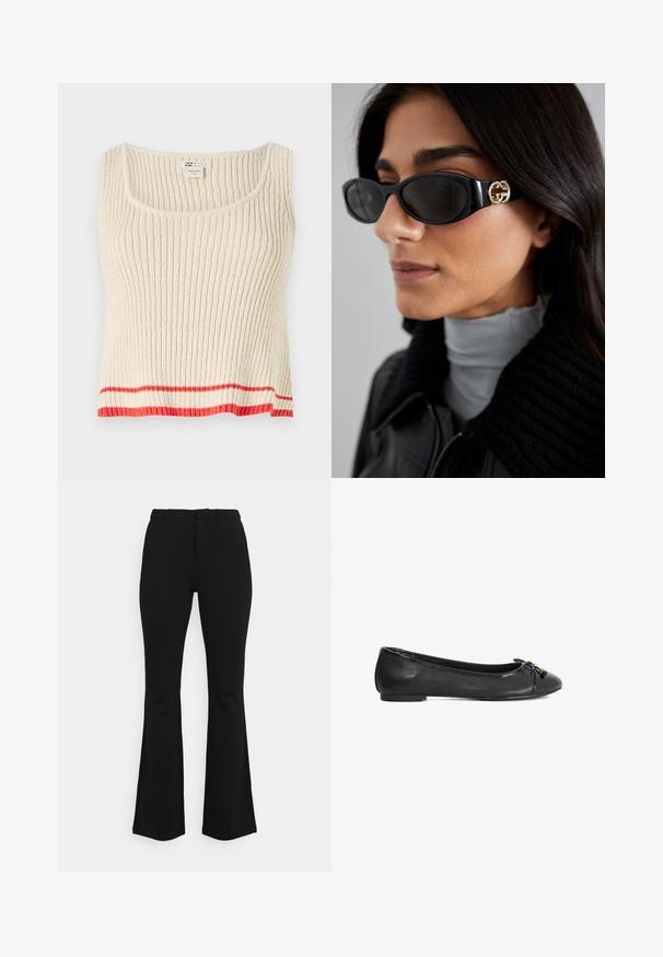 Anna Field Leichte Jacke - black; Cremfarbener, gerippter Tanktop mit Rundhalsausschnitt und einem roten horizontalen Streifen am Saum. Weicher, strukturierter Stoff mit lockerem Schnitt.; Schwarze, weit geschnittene Hosen aus dehnbarem Material. Mit figurbetontem Taillenbund, flacher Vorderseite und subtilen Nahtdetails. Insgesamt glatte Textur.; Schwarze Leder-Ballettschuhe mit abgerundetem Zehenbereich, Schleifendetail und glänzendem Lackfinish. Verfügt über eine niedrige, flache Sohle für Komfort.; Schwarze Sonnenbrille mit einem schlanken rechteckigen Rahmen und einem goldenen Logo-Akzent an der Seite. Dunkle Gläser und glänzende Oberfläche sind auffällig.; Rabanne Handtasche - black/silver; Goldfarbener Ring mit einem Perlenmuster, das gleichmäßig verteilte, runde Perlen mit einer glänzenden, reflektierenden Oberfläche zeigt.