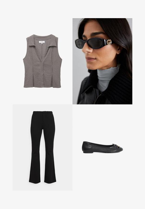 Anna Field Lichte jas - black; Grijze mouwloze top met een gebreid textuurontwerp, voorzien van een kraag en een V-hals. De stof lijkt zacht en heeft subtiele patroondetails.; Zwarte flare-broeken van rekbare stof. Heeft een aansluitende taille, een vlakke voorkant en subtiele naaddetails. Over het algemeen een gladde textuur.; Zwarte leren balletschoenen met een ronde neus, strikdetail en glanzende lakafwerking. Heeft een lage, platte zool voor comfort.; Zwarte zonnebril met een stijlvolle rechthoekige montuur en een gouden logo-accent aan de zijkant. Donkere lenzen en een glanzende afwerking zijn opvallend.; Rabanne Handtas - black/silver