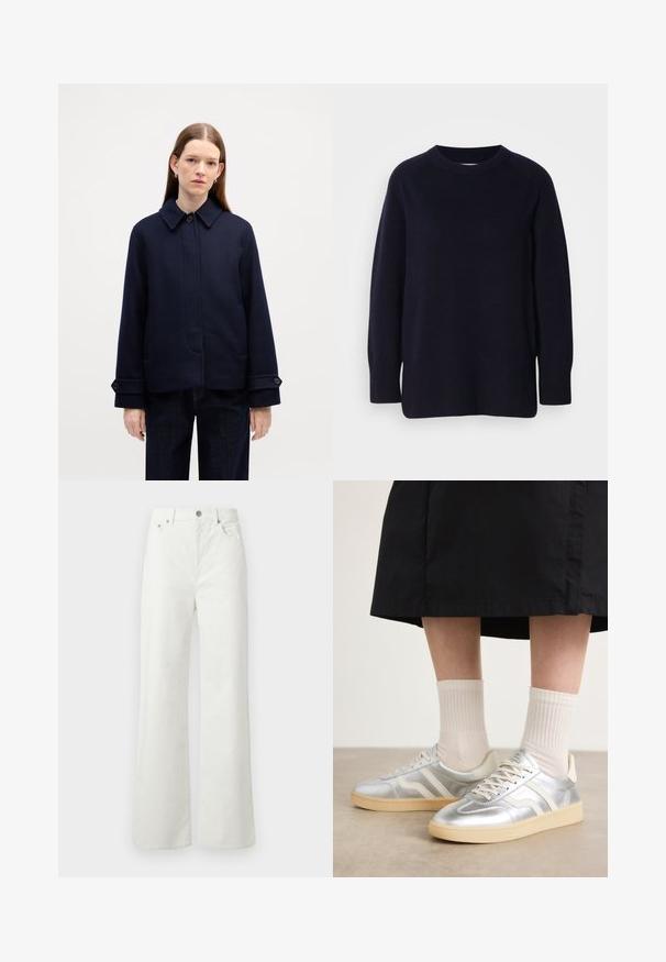 Tumes sinine villane jakk nööpidega kaelusega, külgtaskute ja reguleeritavate mansettidega. Omab puhtaid jooni ja tekstuurset kangast.; Tumedast mereväest sinine ümarakaelusega pikade varrukatega sviiter pehme kudumise tekstuuri ning soonikkudumisega varruka- ja alumise servaga helesinise tausta ees.; Samsøe Samsøe SHELLY - Avar lõikega teksad - clear cream; Hõbedased sünteetilised spordijalatsid valgete triipudega, kreemjas sisetald ja tekstuuriga pind; kombineeritud heledate ribakudumist sokkidega ja musta seelikuga.