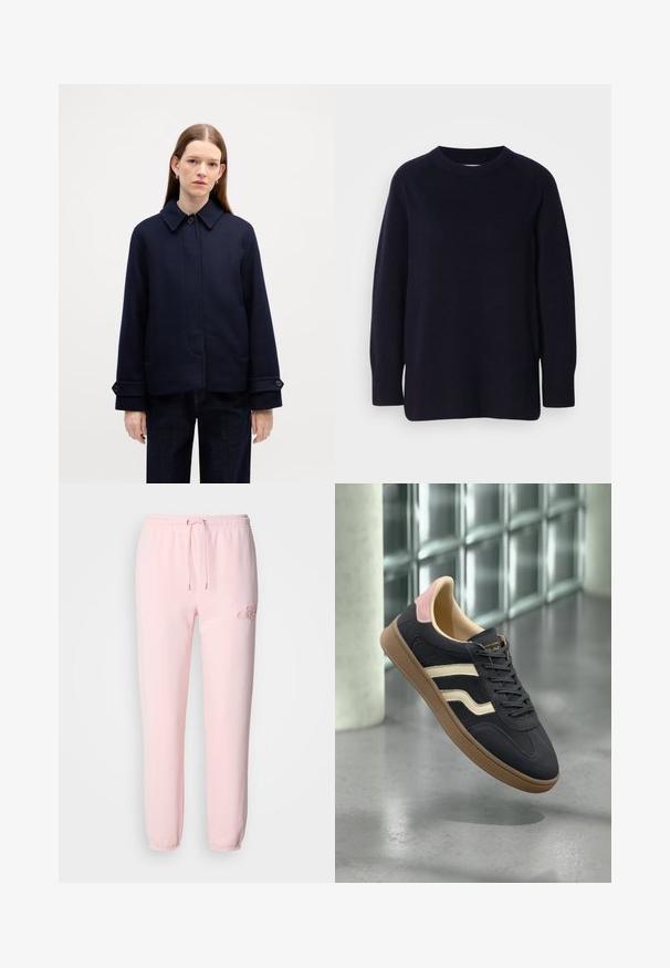 Marineblaue Wolljacke mit hochabschließendem Kragen, seitlichen Taschen und verstellbaren Manschetten. Hat ein schlichtes Design und eine strukturierte Oberfläche.; Dunkelmarineblaues Crewneck-Langarmstrickoberteil mit weichem, gestricktem Textil und gerippten Bündchen und Saum vor einem hellgrauen Hintergrund.; Hellrosa Sweatpants aus weichem Material, mit einem elastischen Bund und Kordelzug, schmal zulaufenden Bündchen und dezentem gesticktem Logodetail.; Marineblaue Leder-Sneaker mit cremefarbenen Streifen, rosa Akzenten an der Ferse und einer strukturierten, tannfarbenen Gummisohle. Klassisches Low-Top-Design.