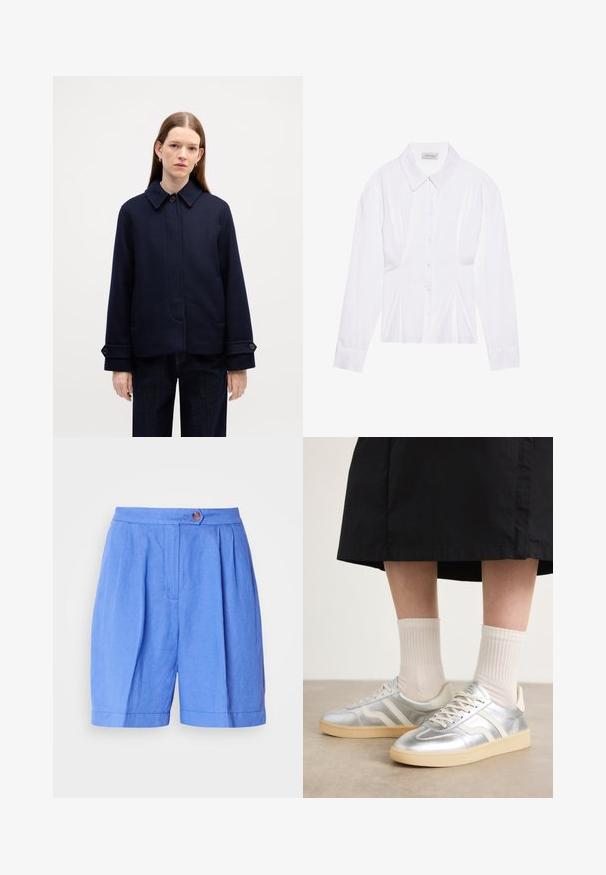 Marineblaue Wolljacke mit hochabschließendem Kragen, seitlichen Taschen und verstellbaren Manschetten. Hat ein schlichtes Design und eine strukturierte Oberfläche.; Weiße Bluse mit langen Ärmeln, klassischem Kragen, vorderer Knopfleiste und gerafftem Seitendetail. Glattes Material mit taillierter Form.; Blaue Leinen-Shorts mit Falten, einem Knopfverschluss und einer geraden Passform. Sie haben eine glatte Textur und einen Saum, der über dem Knie endet.; Silberne synthetische Turnschuhe mit weißen Streifen, cremefarbener Sohle und strukturiertem Material; kombiniert mit hellen gerippten Socken und einem schwarzen Rock.