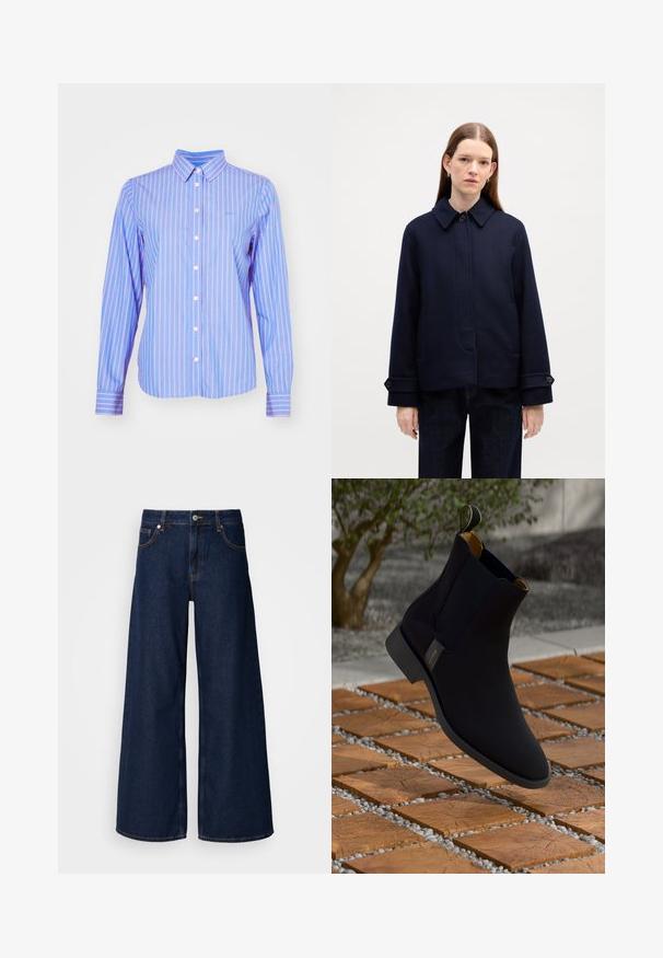 Giacca di lana blu navy con colletto abbottonato, tasche laterali e polsini regolabili. Caratterizzata da un design semplice e un tessuto testurizzato.; GANT STRIPED - Camicia - hellblau/weiß; Jeans in denim blu scuro a gamba larga con vita alta, tasche anteriori e chiusura con bottone. Presenta cuciture a contrasto e una texture liscia.; Stivale alla caviglia in pelle nera con una finitura liscia, fodera interna gialla e un linguetta; posizionato su una superficie di legno e ghiaia testurizzata.