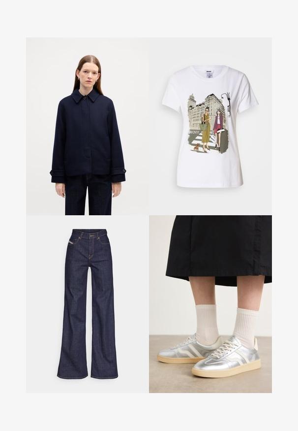 Veste en laine marine avec un col boutonné, des poches latérales et des poignets ajustables. Présente un design épuré et un tissu texturé.; T-shirt en coton blanc avec une illustration imprimée de deux femmes en styles de mode urbaine, accompagnées d'un chien sur un passage piéton, avec des bâtiments de la ville en arrière-plan.; Jeans ample bleu foncé en denim avec taille haute, ornés de surpiqûres orange, d'un design à cinq poches et d'une fermeture à bouton.; Baskets synthétiques argentées avec des rayures blanches, semelle crème et surface texturée ; assorties à des chaussettes à côtes claires et une jupe noire.
