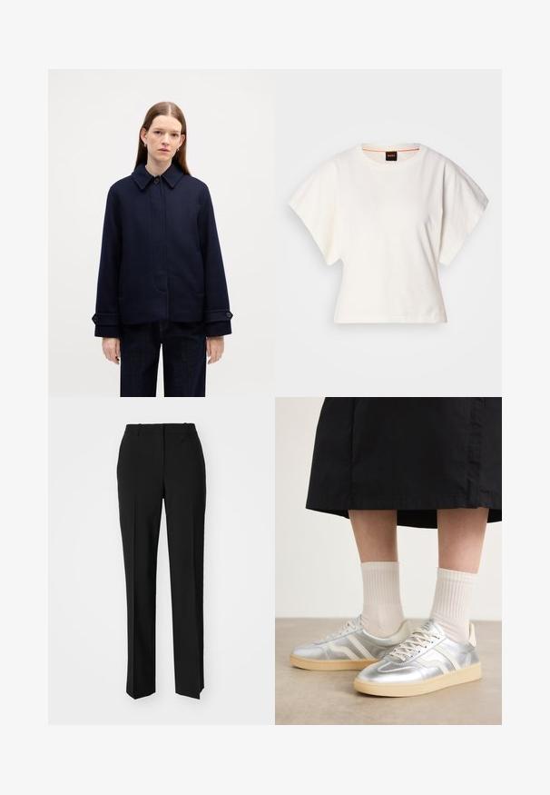 Veste en laine marine avec un col boutonné, des poches latérales et des poignets ajustables. Présente un design épuré et un tissu texturé.; T-shirt blanc cintré, manches courtes et larges, en coton doux, décolleté rond avec une discrète bordure orange, design minimaliste, sans motifs ni graphiques.; Pantalon noir ajusté avec une coupe droite, présentant une texture lisse et des plis nets sur le devant. Aucune quincaillerie visible.; Baskets synthétiques argentées avec des rayures blanches, semelle crème et surface texturée ; assorties à des chaussettes à côtes claires et une jupe noire.
