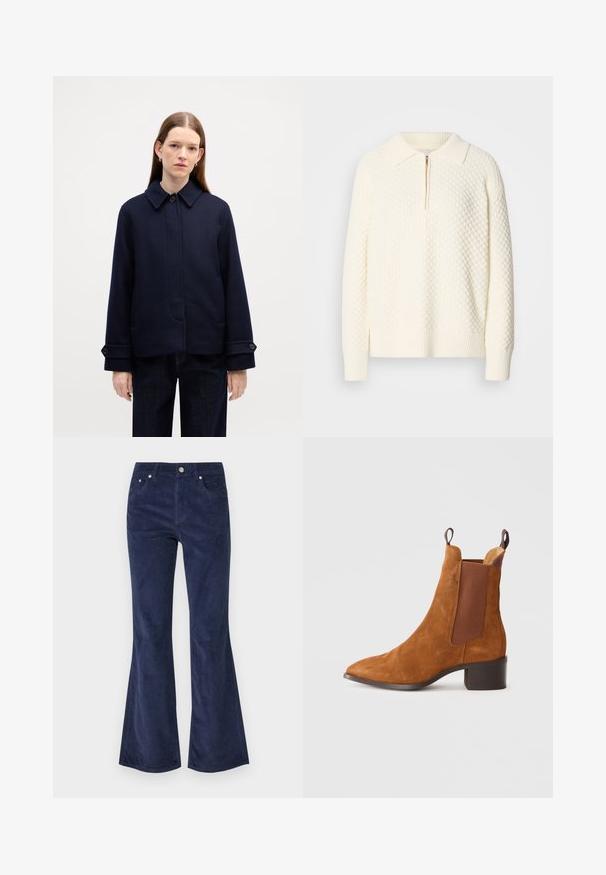Casaco de lã azul-marinho com colarinho abotoado, bolsos laterais e punhos ajustáveis. Apresenta um design limpo e um tecido texturizado.; Pulôver branco de malha com um padrão texturizado, fecho de correr pela metade e gola e punhos canelados. O material parece suave e confortável.; As calças de veludo cotelê azul-marinho apresentam uma cintura de altura média, design de cinco bolsos, fecho com botão e uma textura suave com riscas verticais.; Botim de tornozelo em camurça castanha com bico pontiagudo, painéis laterais elásticos e um salto baixo bloco. Apresenta puxadores para fácil calçar.